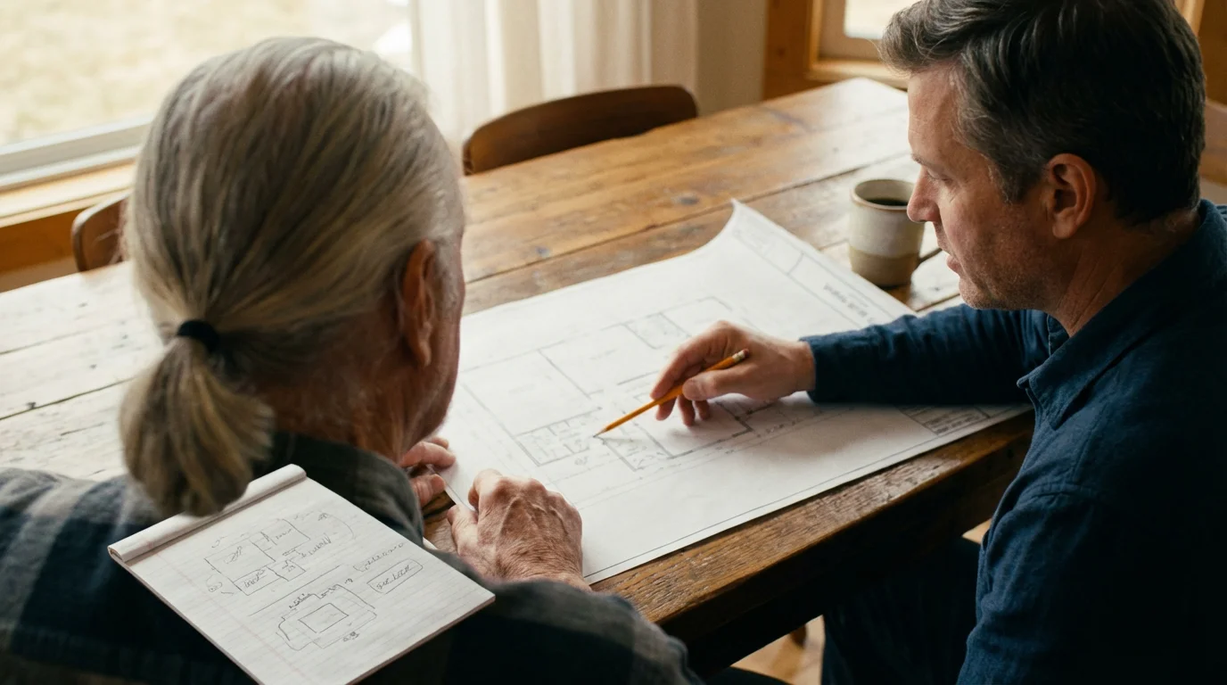 Father and son reviewing home blueprints together at a sunlit dining table.