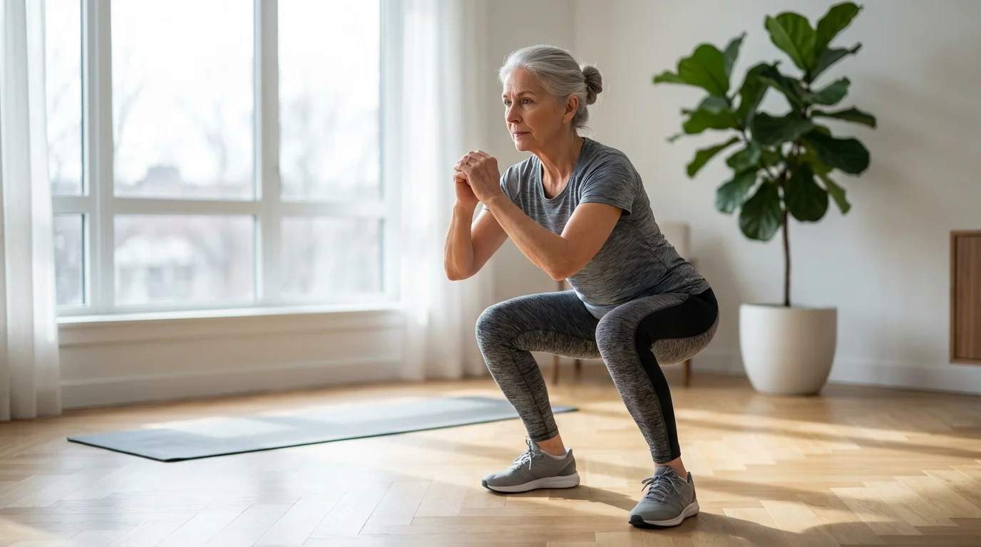 Fit older woman doing strength training exercises at home to prepare for hiking.
