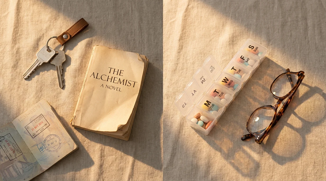 Flat lay comparing items for independent living versus items for assisted living options.