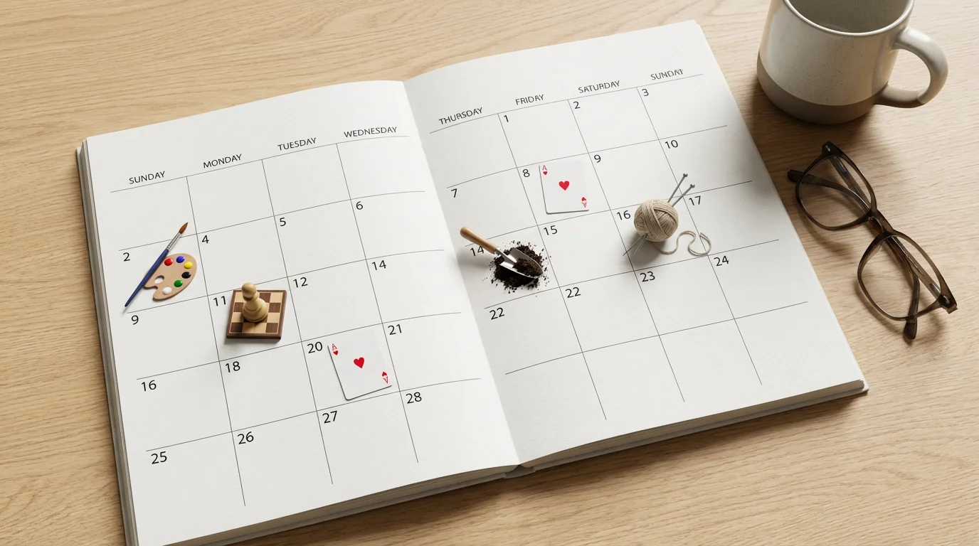 Flat lay of a blank calendar with miniature hobby items representing social activities.