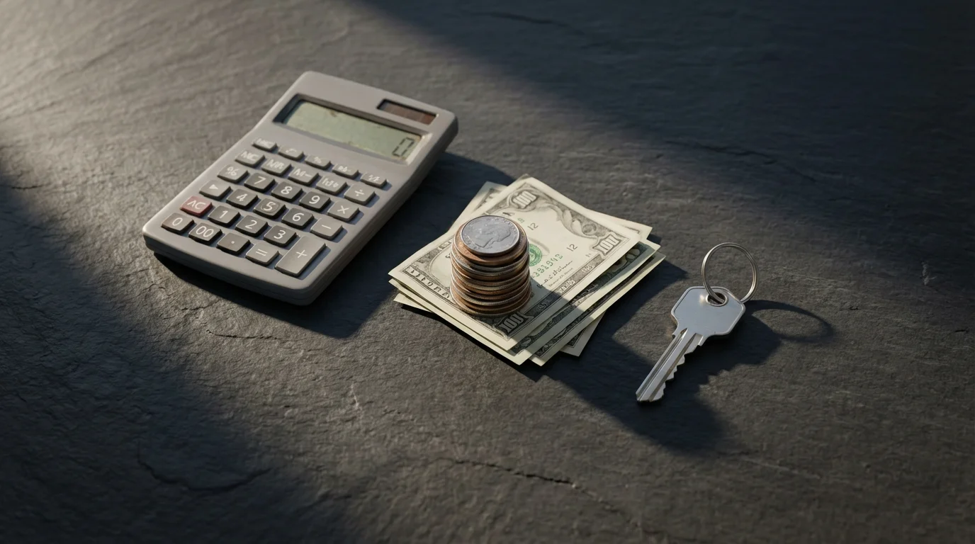 Flat lay of a calculator, cash, coins, and a house key representing savings.