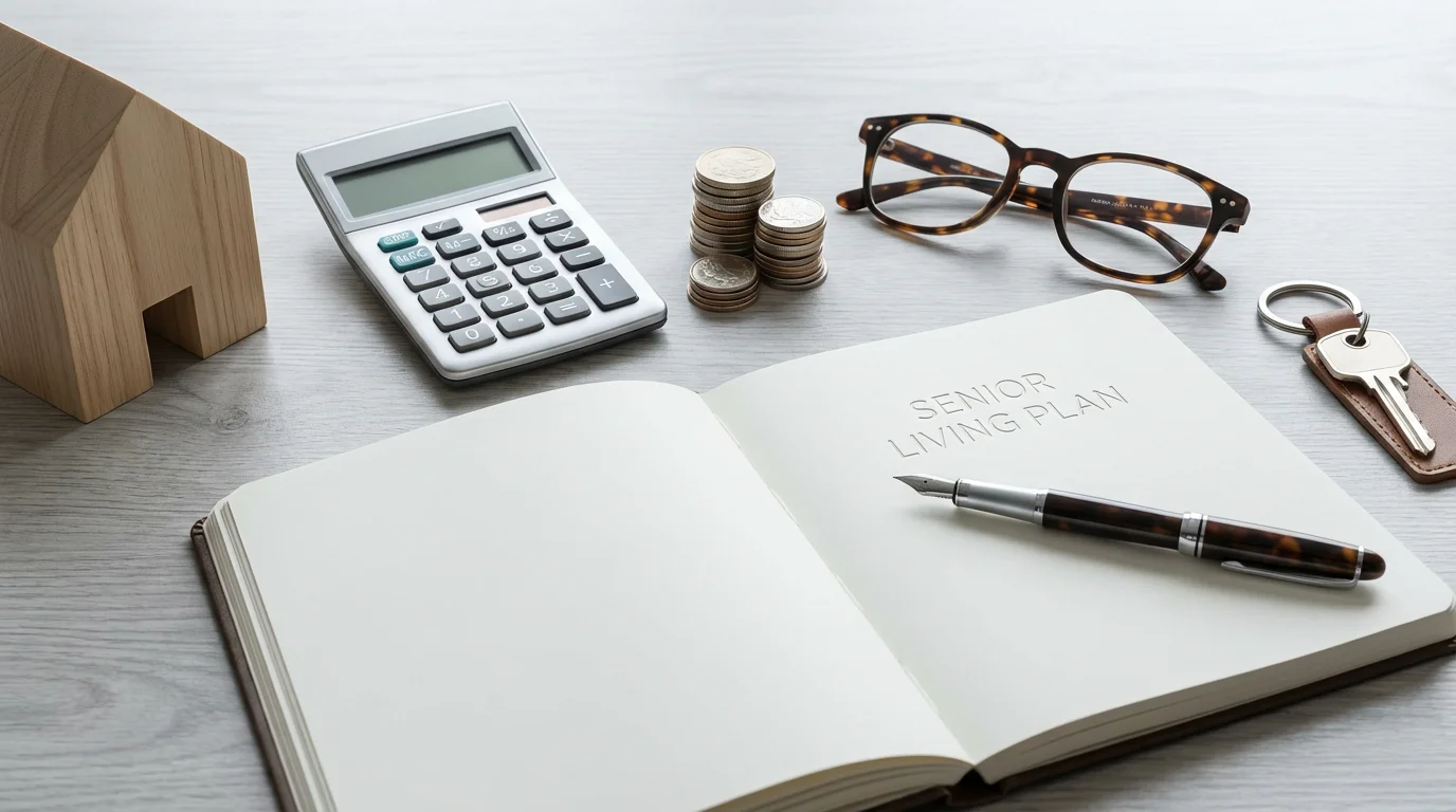 Flat lay of a calculator, house model, and key symbolizing senior living financial planning.