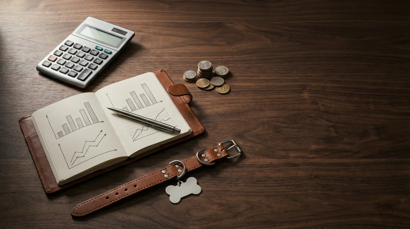 Flat lay of a calculator, notebook, coins, and a dog collar representing pet finances.