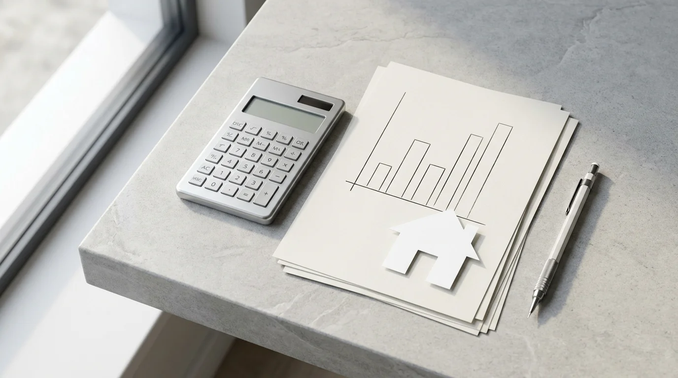 Flat lay of a calculator, papers with charts, and a paper house cutout.