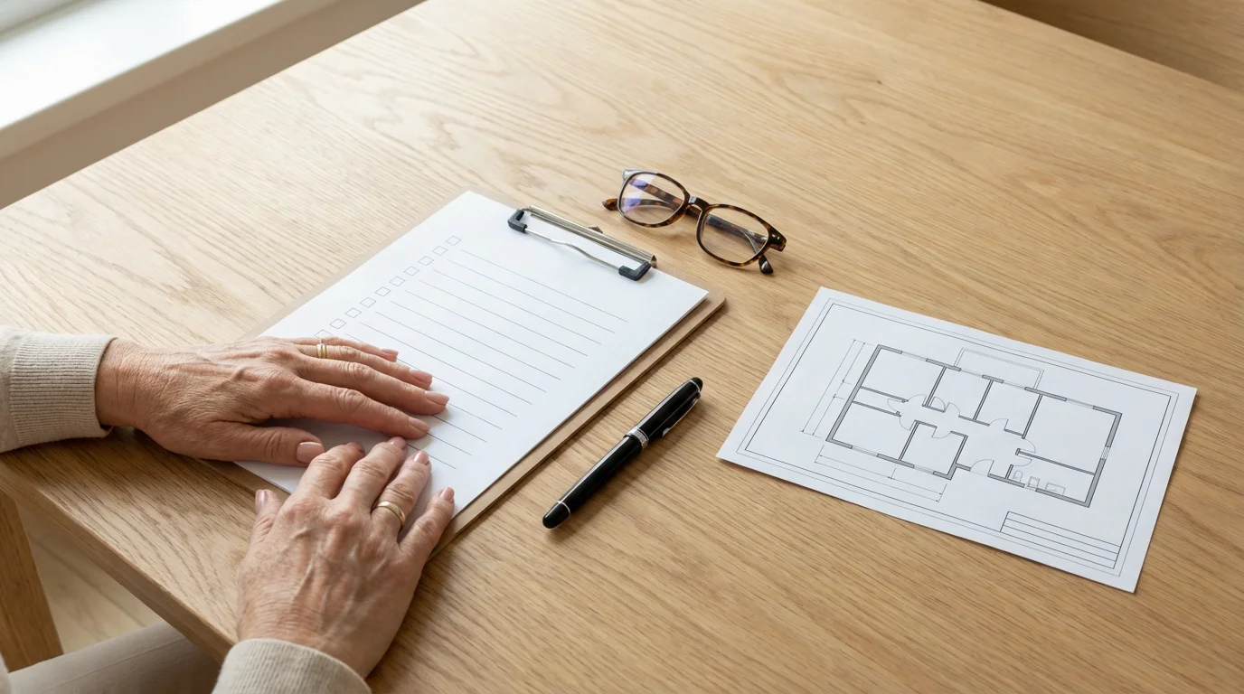 Flat lay of a clipboard, glasses, and floor plan for a retirement community tour.