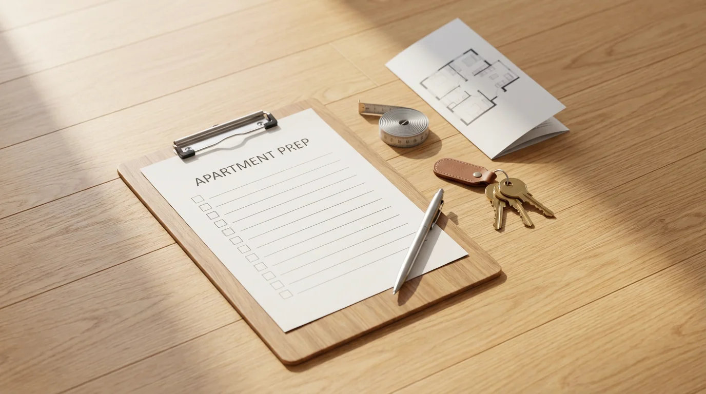 Flat lay of a clipboard, pen, keys, and floor plan for touring an apartment.
