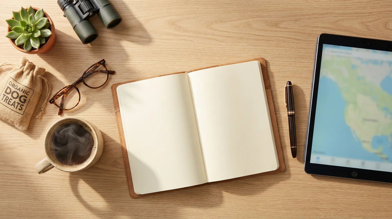 Flat lay of a desk with a journal, tablet, and hobby items for planning volunteering.