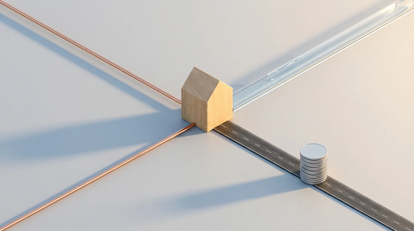 Flat lay of a house block with lines representing utilities converging into stacked coins.