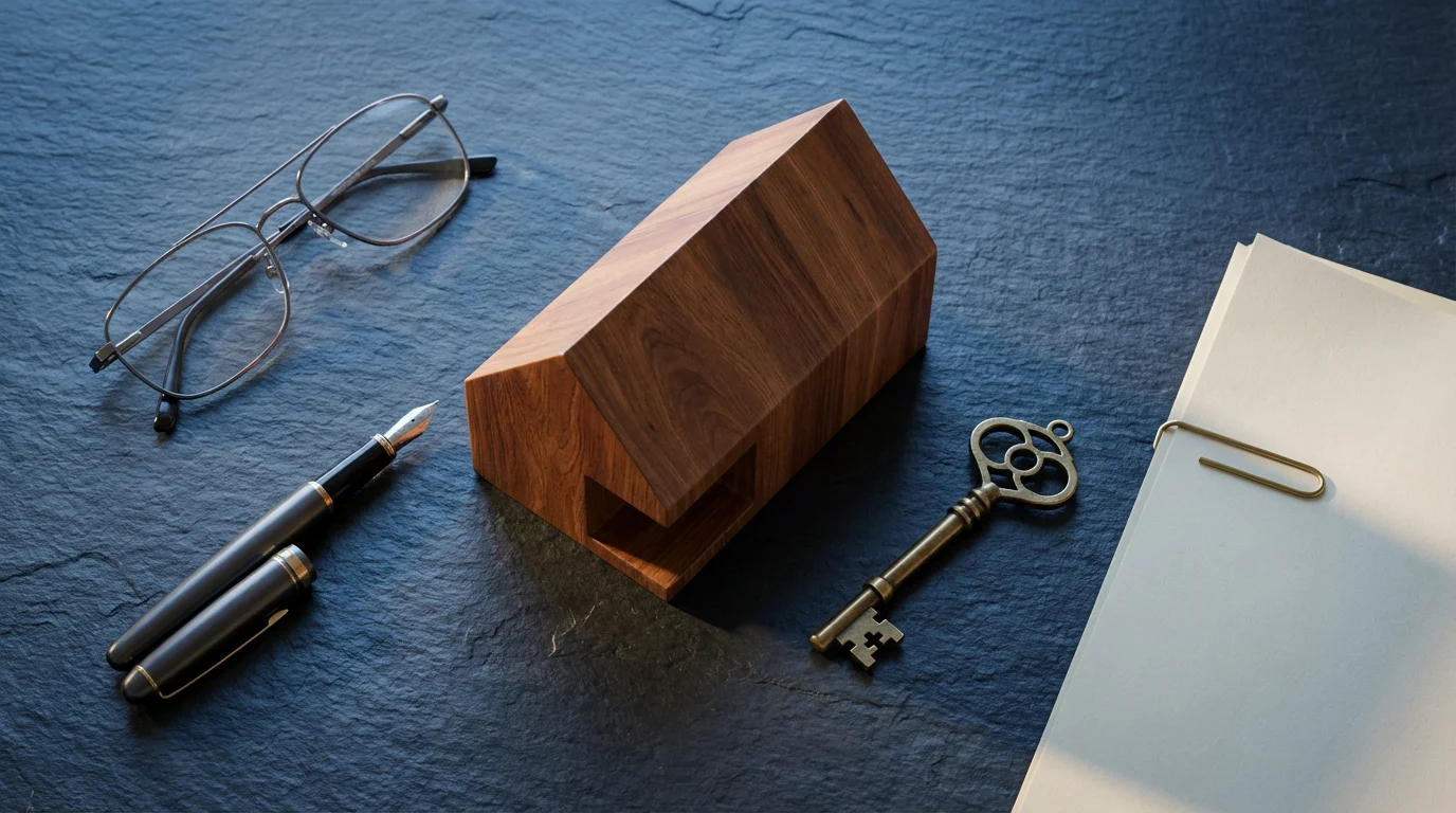 Flat lay of a house model, key, and glasses representing retirement insurance planning.