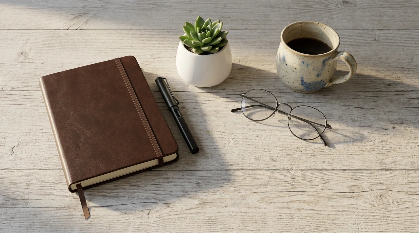 Flat lay of a journal, plant, glasses, and mug symbolizing an intentional new beginning.