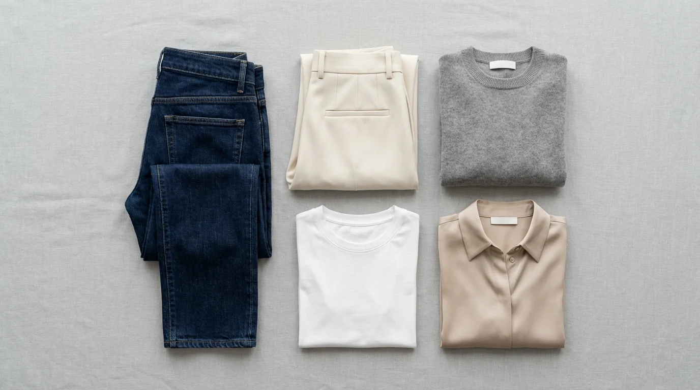 Flat lay of a minimalist women's capsule wardrobe with neutral-colored clothing essentials.