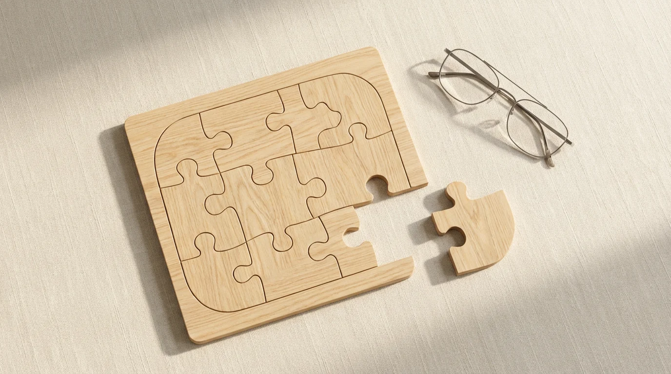 Flat lay of a minimalist wooden puzzle and reading glasses symbolizing Medicare planning guidance.