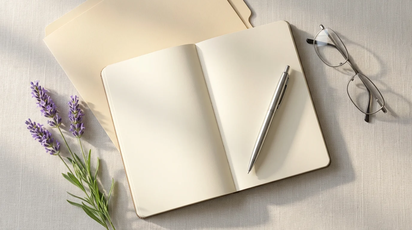 Flat lay of a notebook, pen, and glasses for planning specialized senior care.