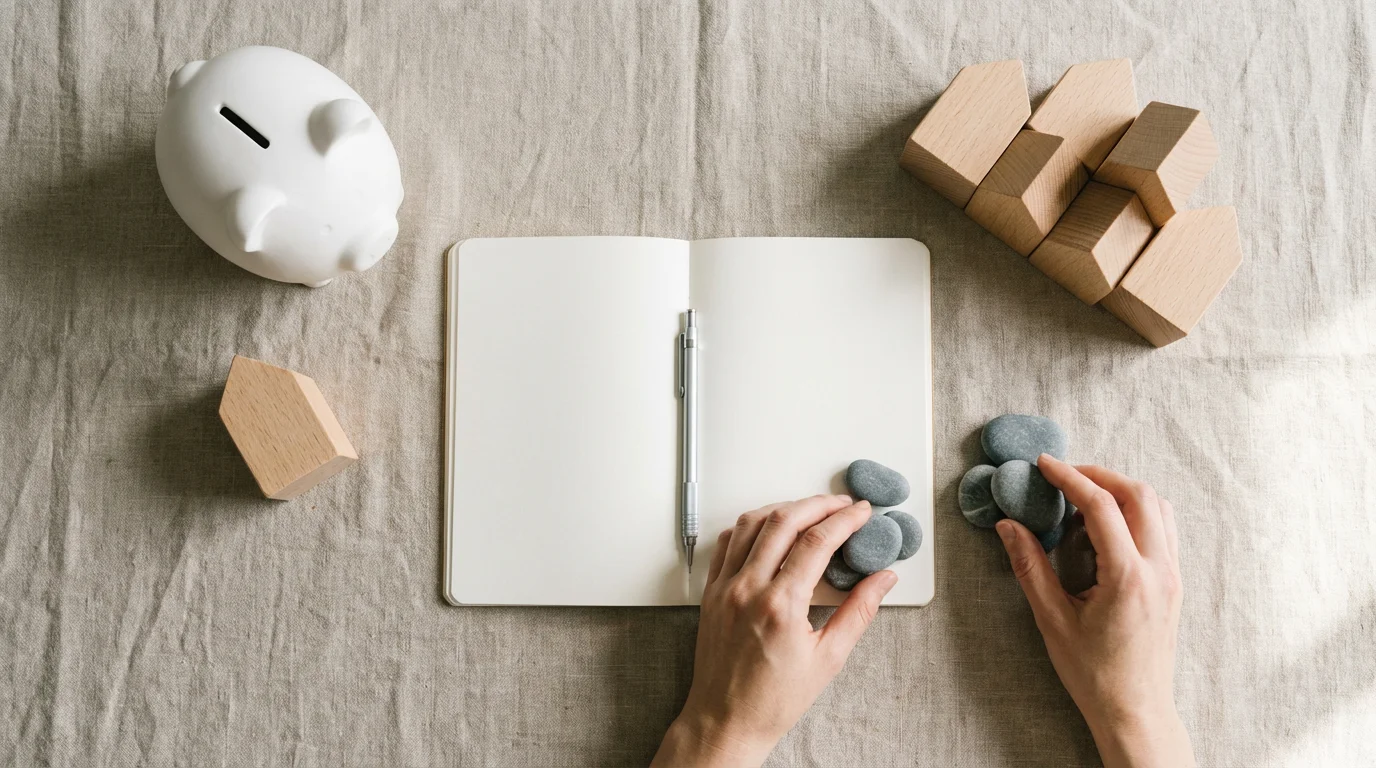 Flat lay of a notebook, piggy bank, and house models for financial planning.