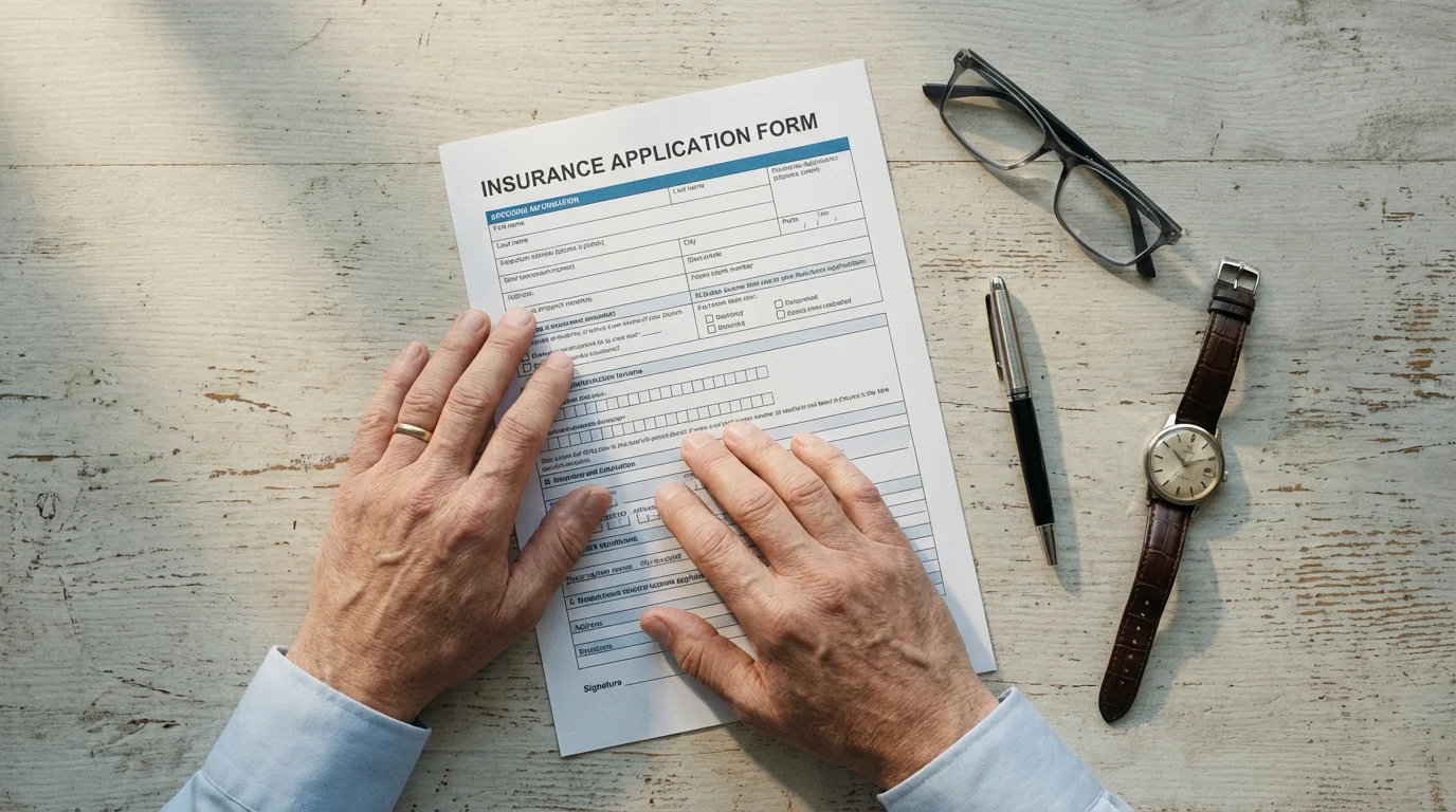 Flat lay of a person's hands over an insurance form with glasses and a watch.