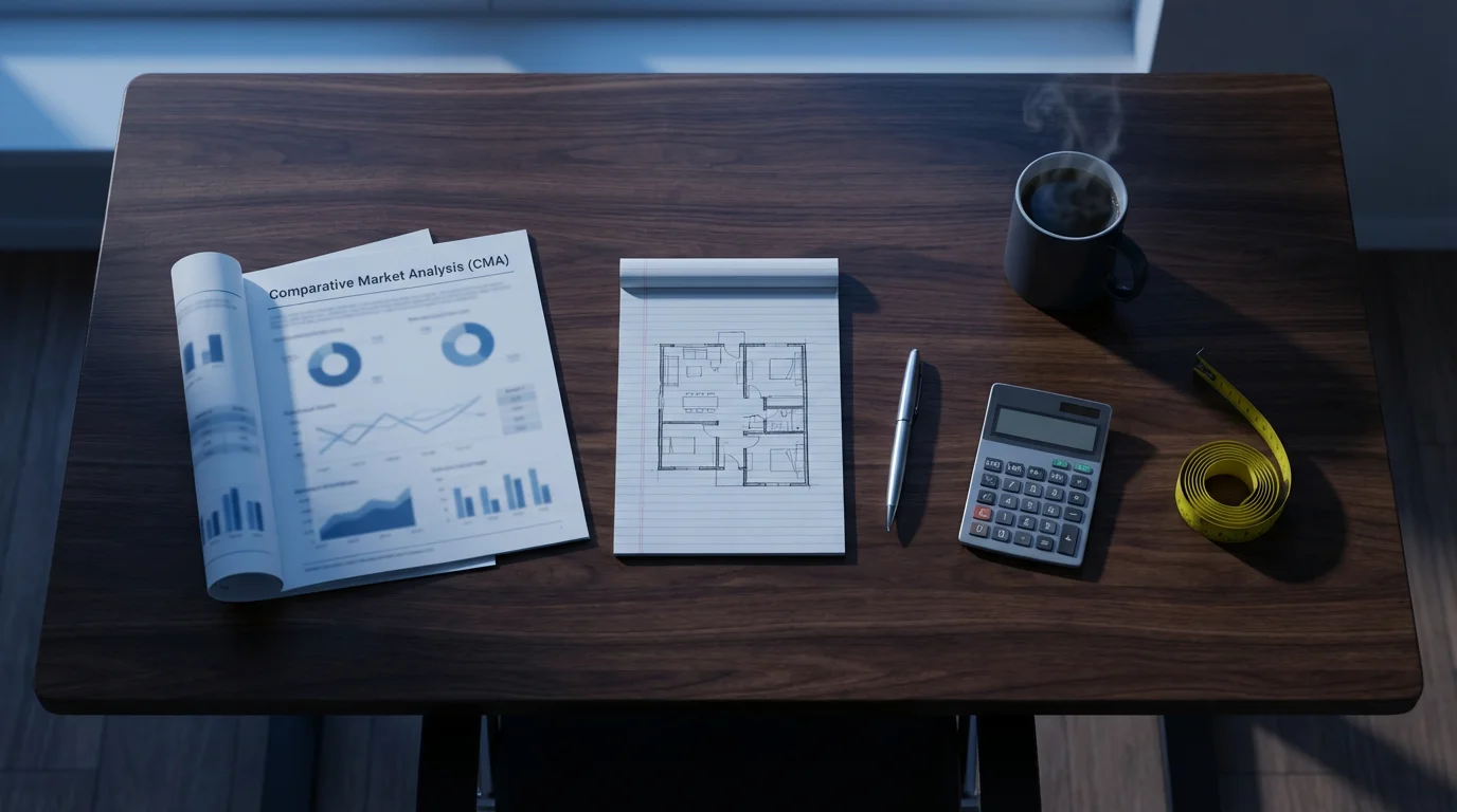 Flat lay of a real estate market analysis report, calculator, and notepad on a desk.