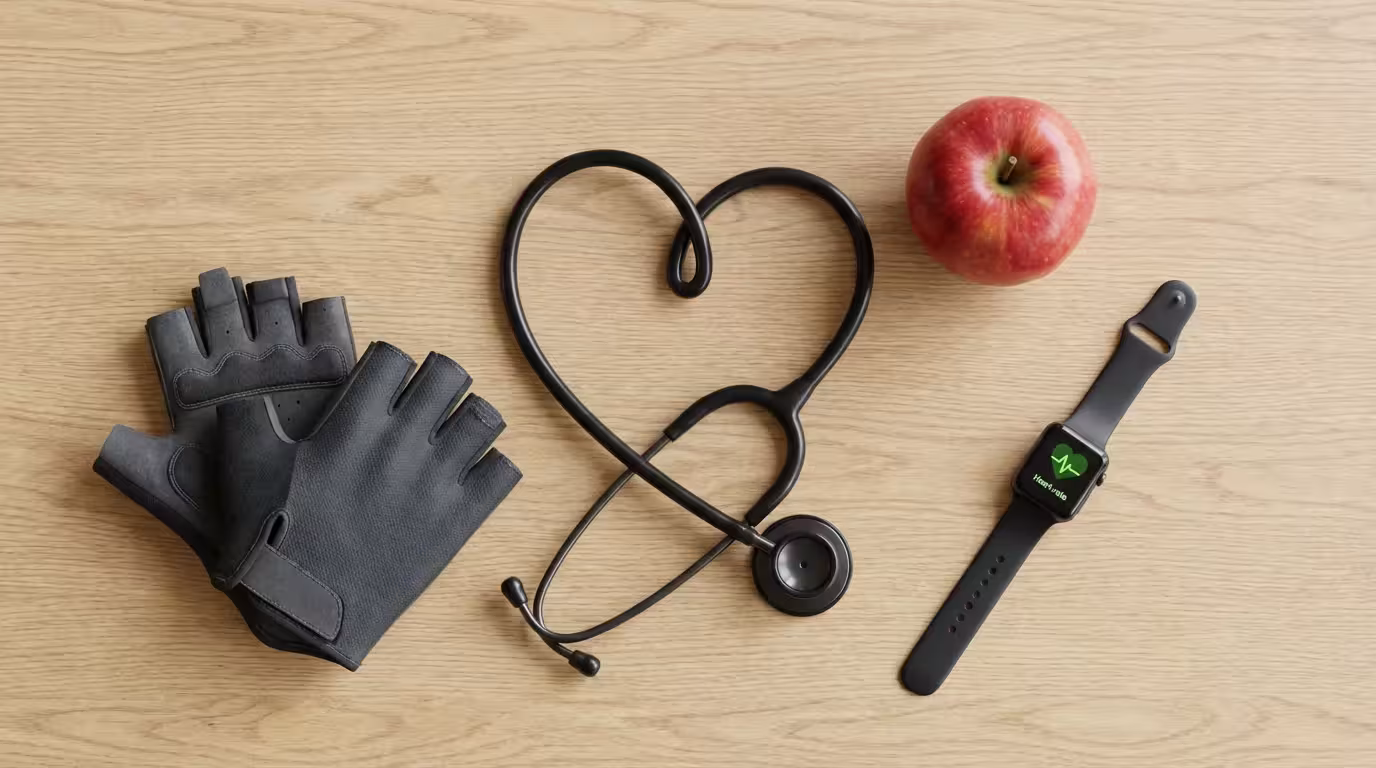 Flat lay of a stethoscope in a heart shape surrounded by cycling gloves, an apple, and a fitness watch.