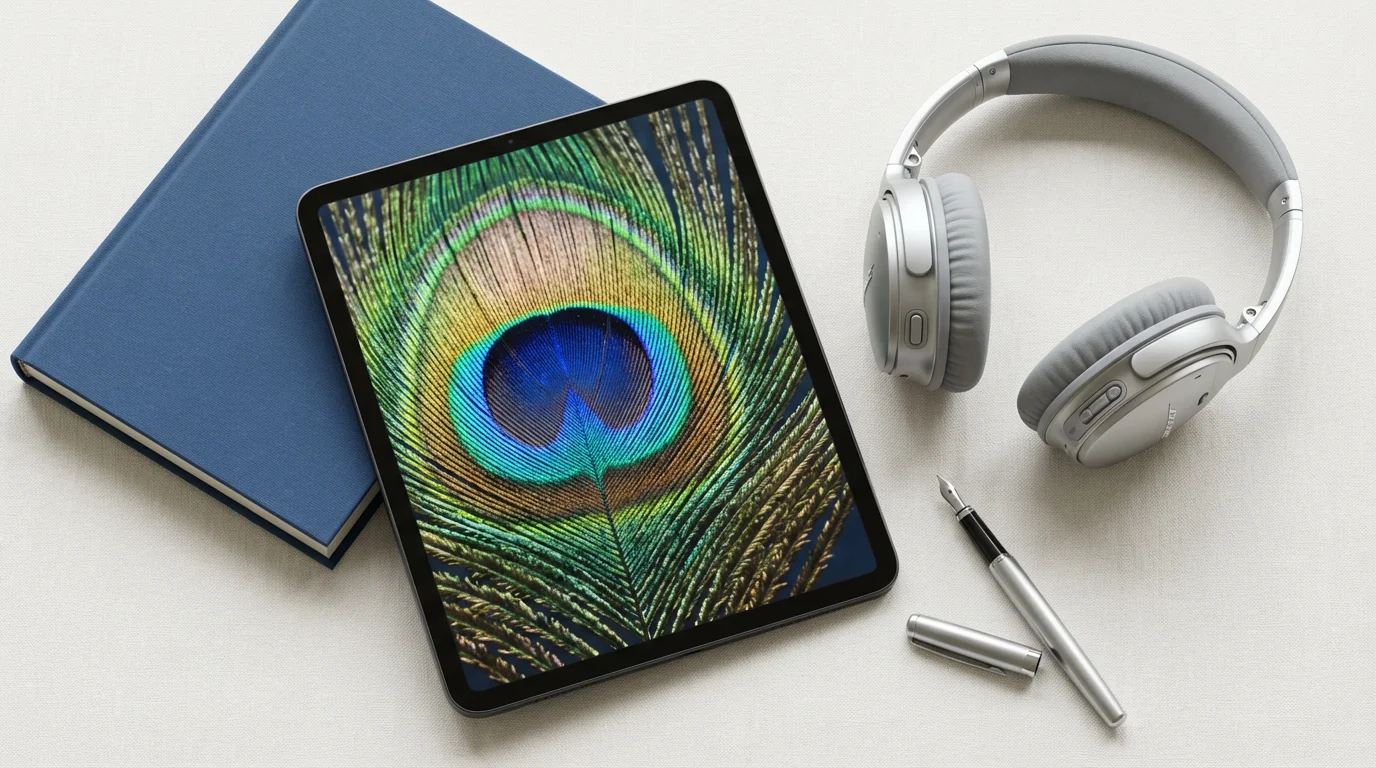 Flat lay of a tablet, headphones, book, and tea for senior entertainment and learning.