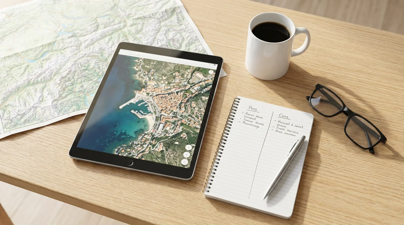 Flat lay of a tablet, maps, and notebook used for researching retirement locations.
