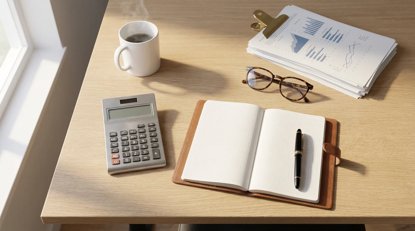 Flat lay of a tax advisor's desk with a calculator, documents, glasses, and coffee.