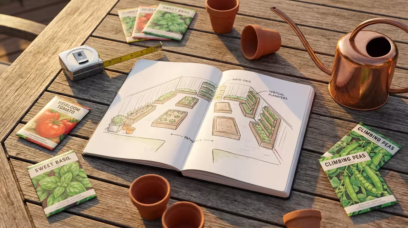 Flat lay of accessible garden plans with tools and seed packets on a wooden table.