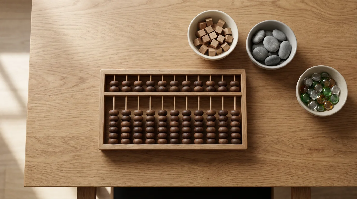 Flat lay of an abacus and bowls with different items representing financial planning.