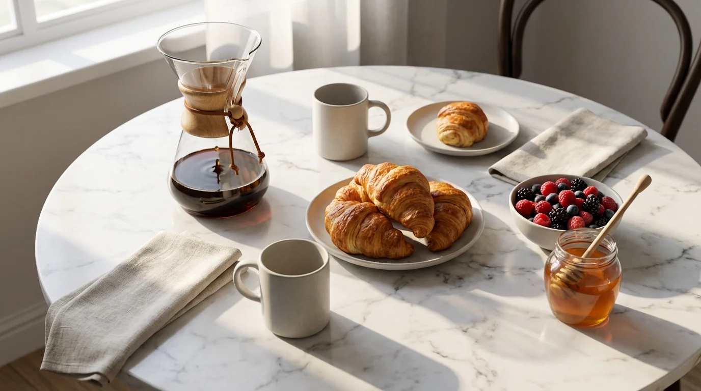 Flat lay of an elegant breakfast spread with coffee, croissants, and fresh berries.