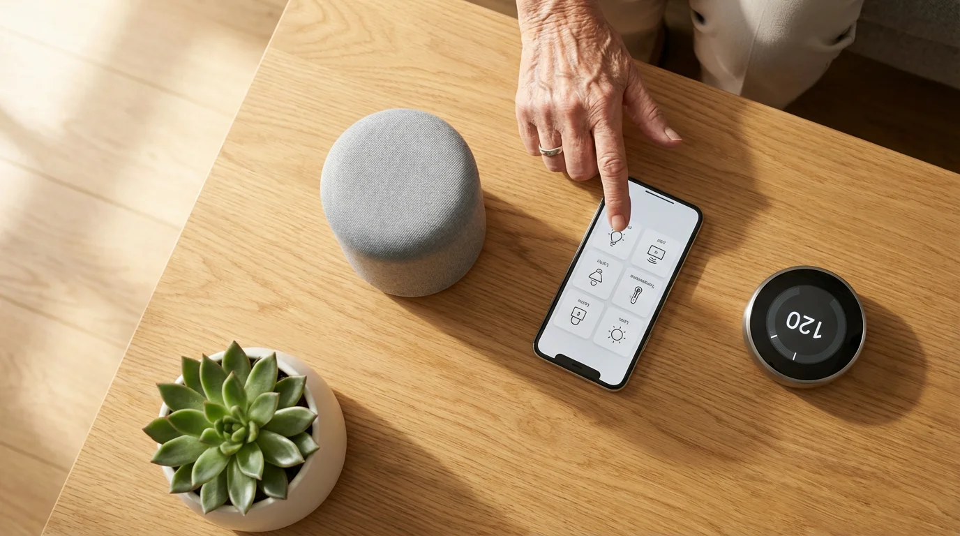 Flat lay of an older person's hand using a smartphone to control smart devices.