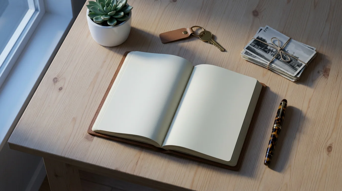 Flat lay of an open journal, a key, and old photographs on a table.