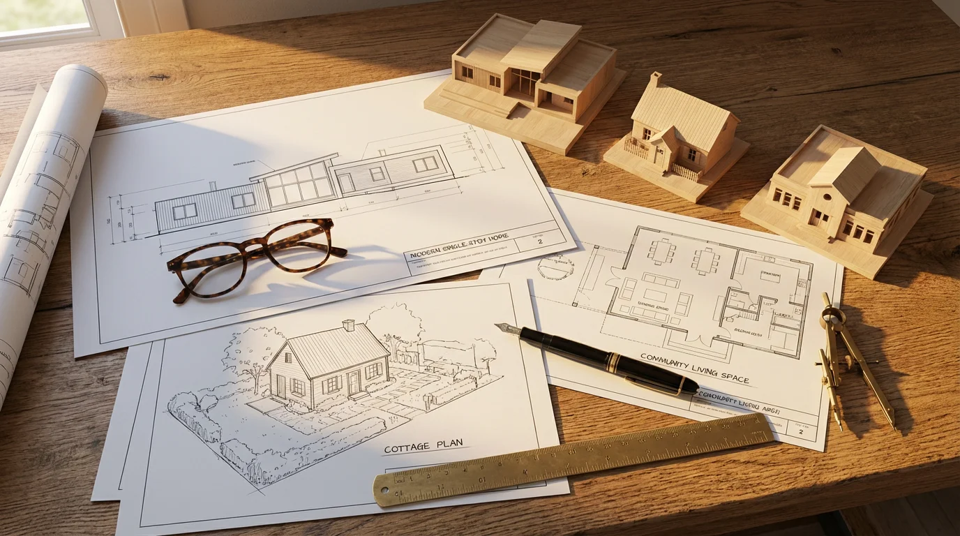 Flat lay of architectural blueprints and models for diverse retirement housing options on a desk.