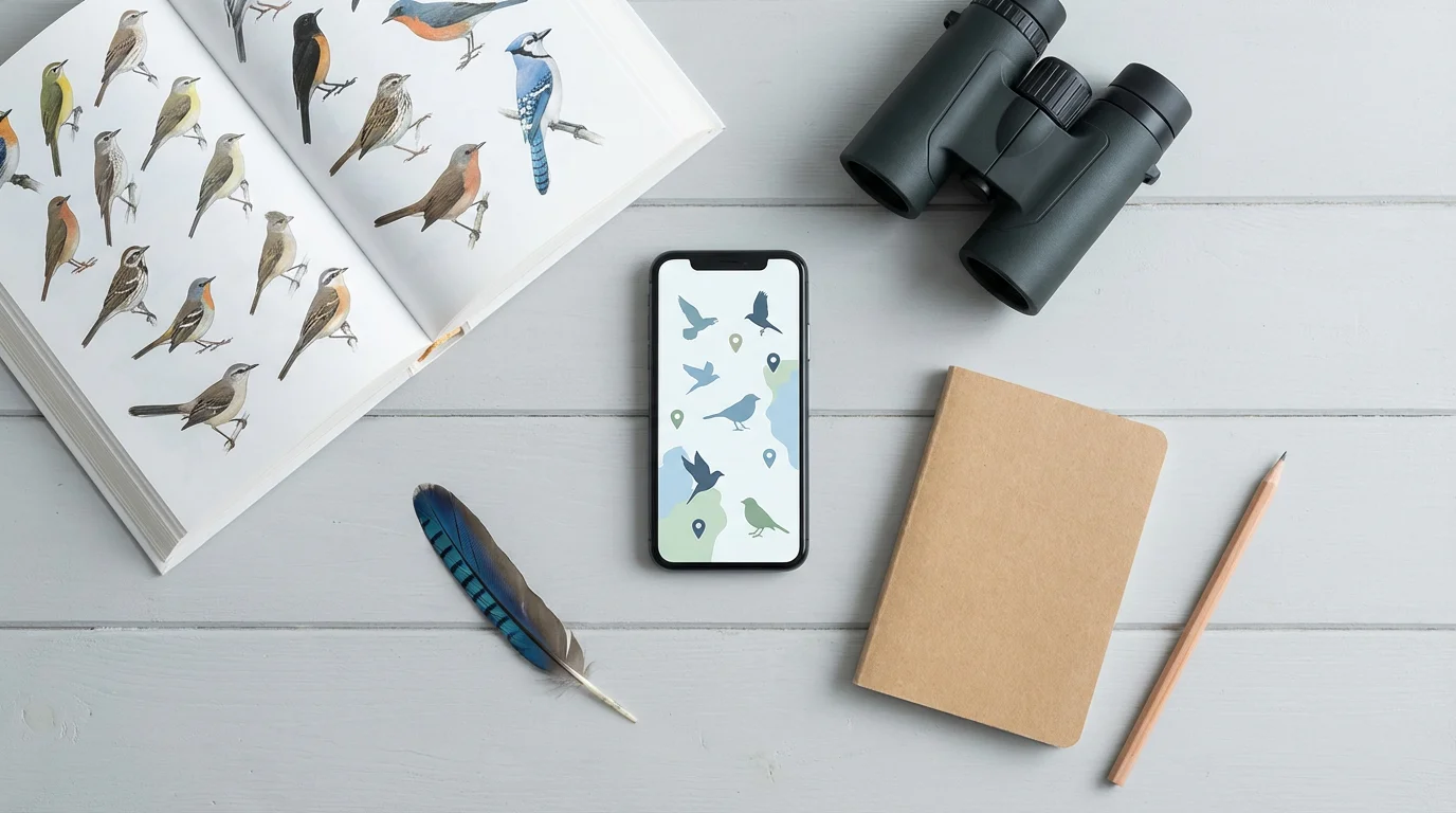 Flat lay of birdwatching gear: smartphone with app, field guide, binoculars, notebook, feather.