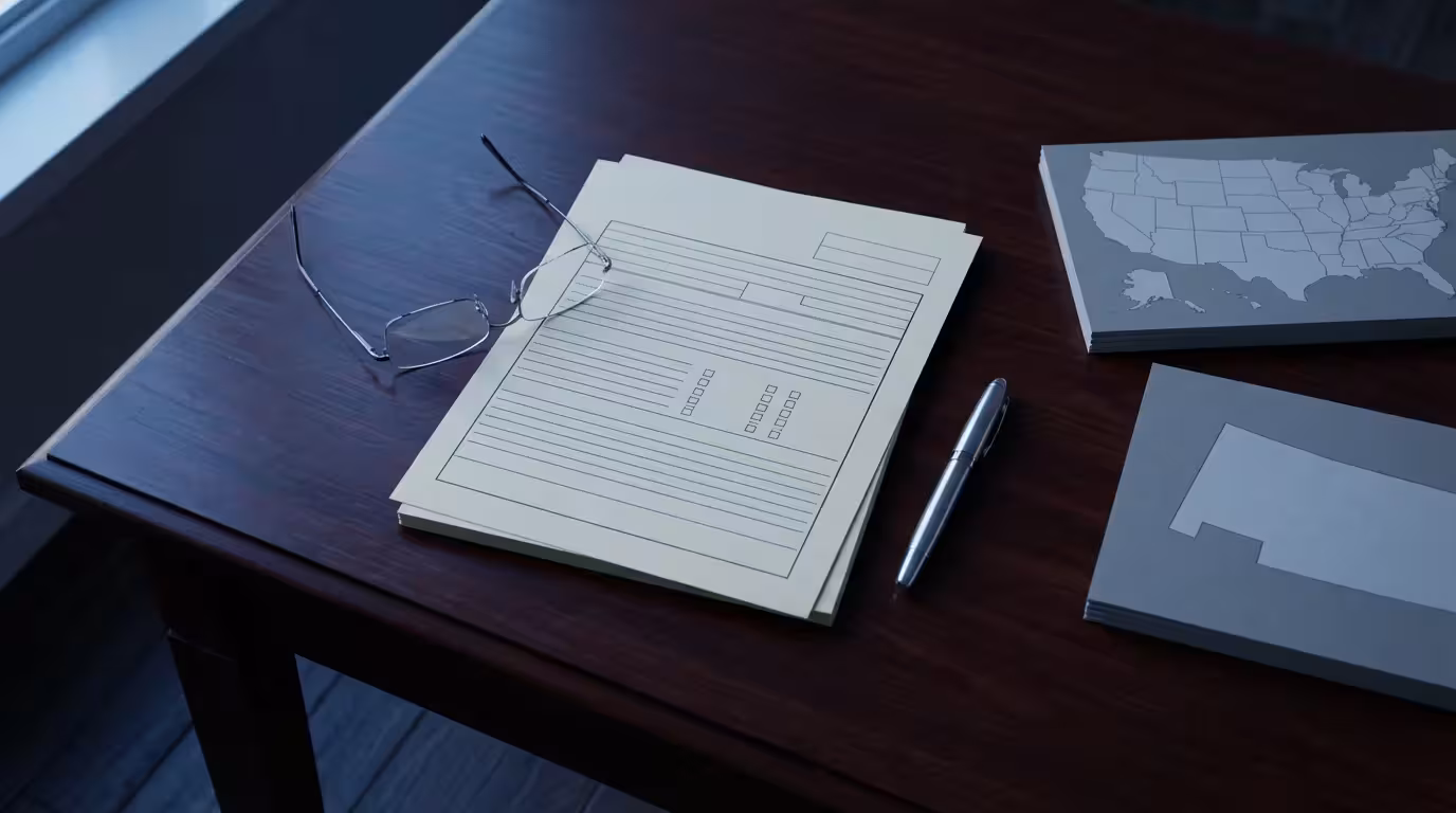 Flat lay of blank government forms, maps of the US and a state, and glasses.