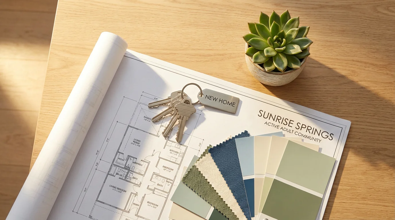 Flat lay of blueprints, house keys, and design swatches for a new home.