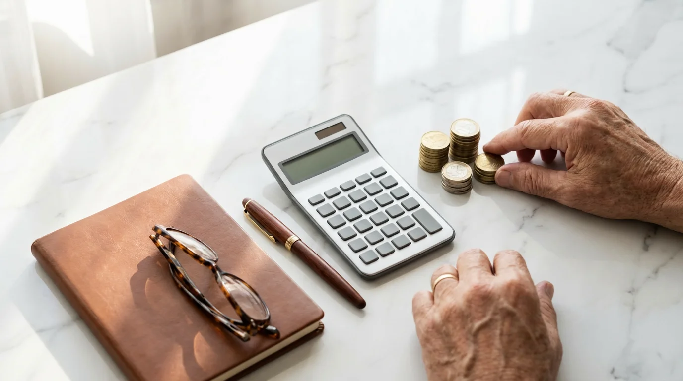 Flat lay of calculator, coins, and notebook representing senior financial planning for retirement.