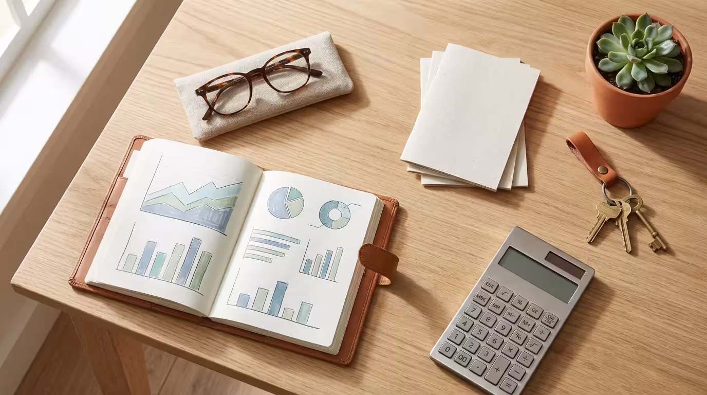 Flat lay of calculator, keys, and documents for senior living financial planning.