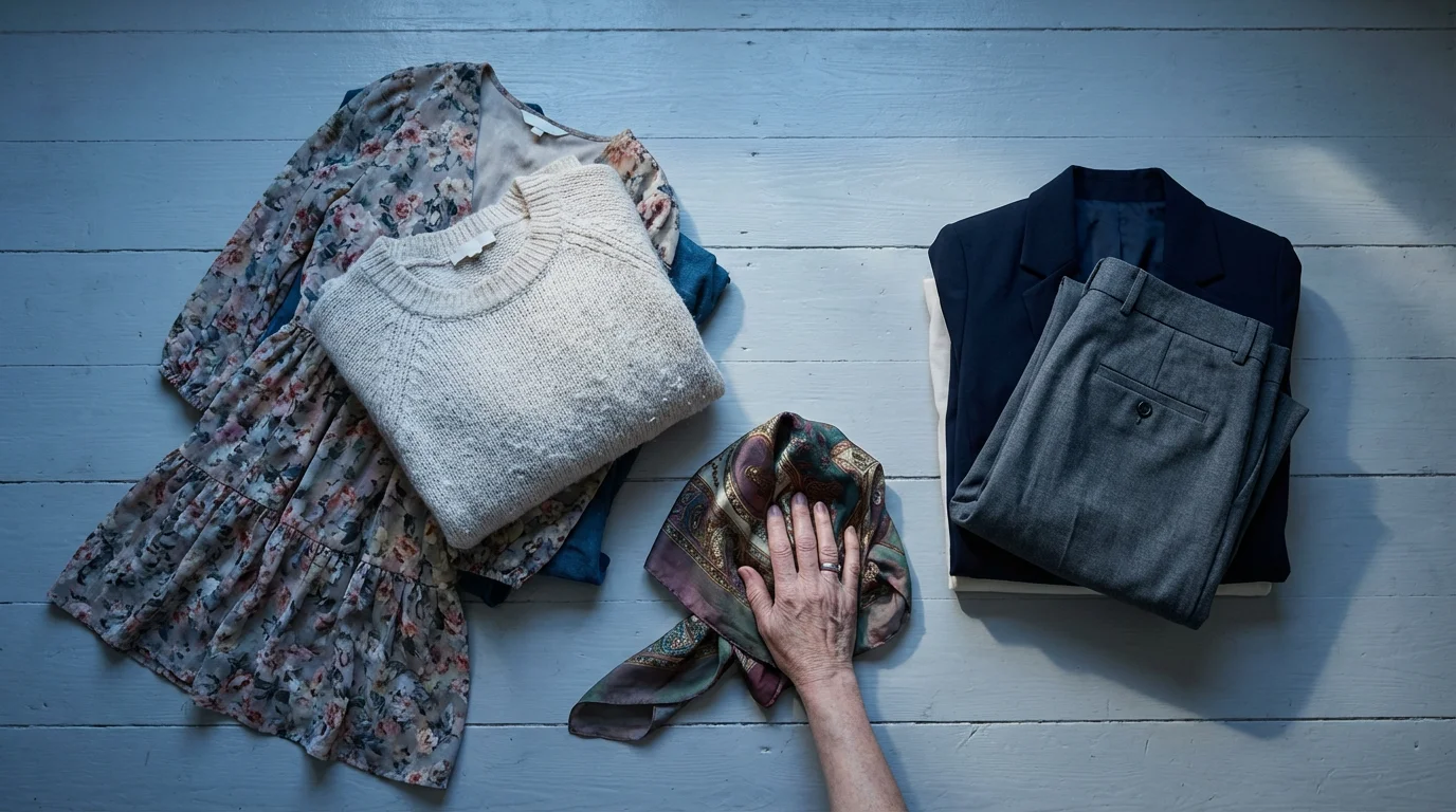 Flat lay of clothing sorted into keep and donate piles, symbolizing wardrobe downsizing.