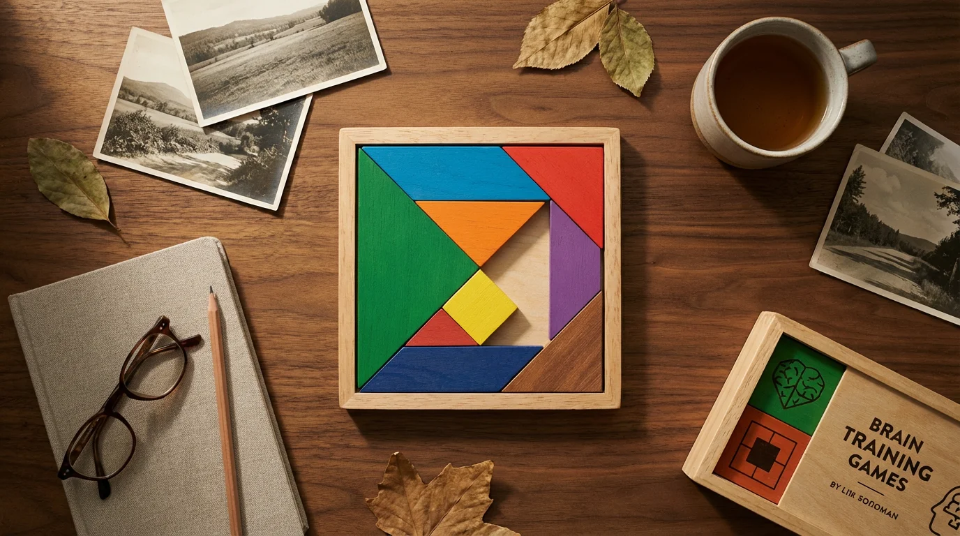 Flat lay of cognitive memory aids like puzzles and photos on a wooden table.