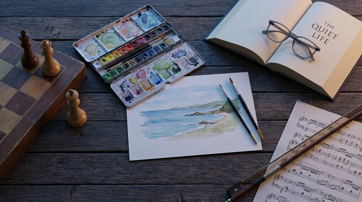 Flat lay of diverse hobby items like painting, chess, music, and reading on a table.