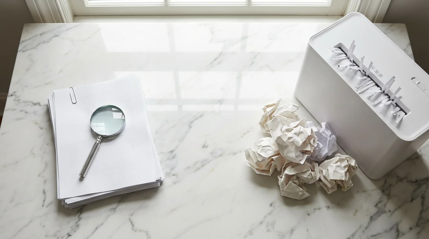 Flat lay of documents, a magnifying glass, and a paper shredder on a desk.