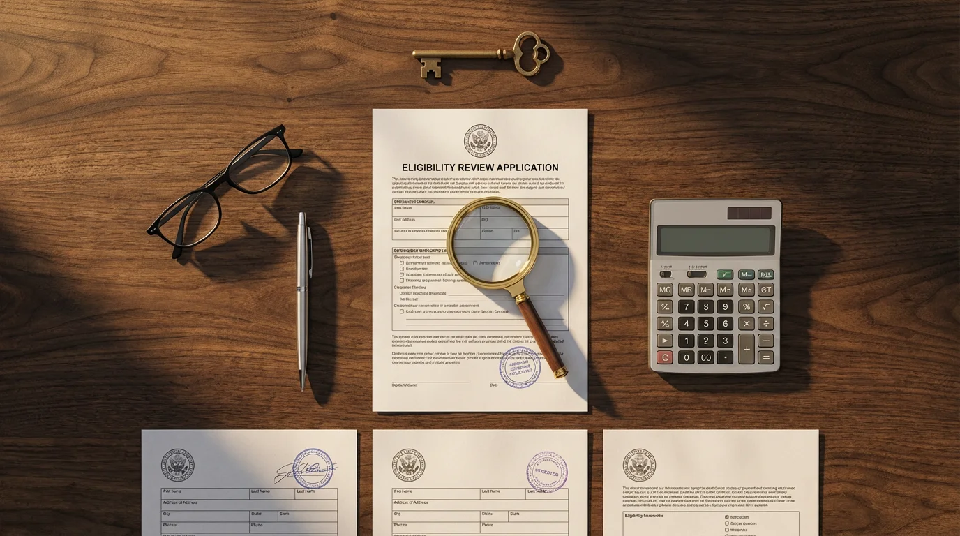 Flat lay of documents, magnifying glass, and a house key for reverse mortgage eligibility.