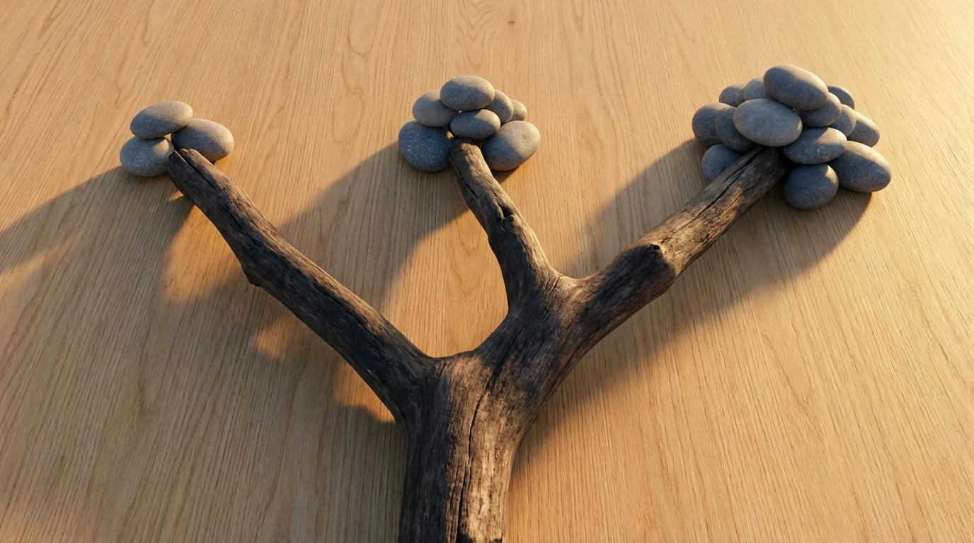 Flat lay of driftwood branching into three paths with increasing piles of pebbles.