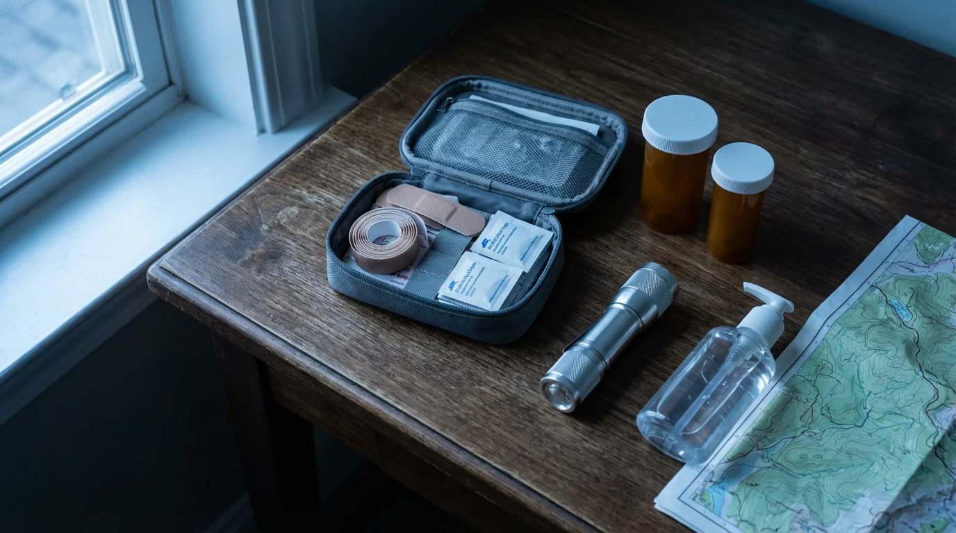 Flat lay of essential senior travel health and safety items on a desk.
