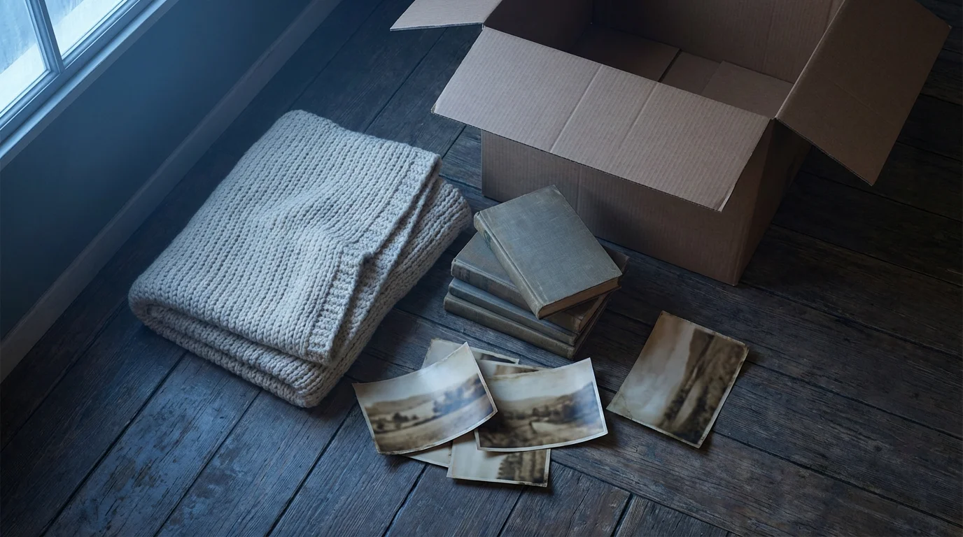 Flat lay of familiar items like a blanket and photos being packed for a move.