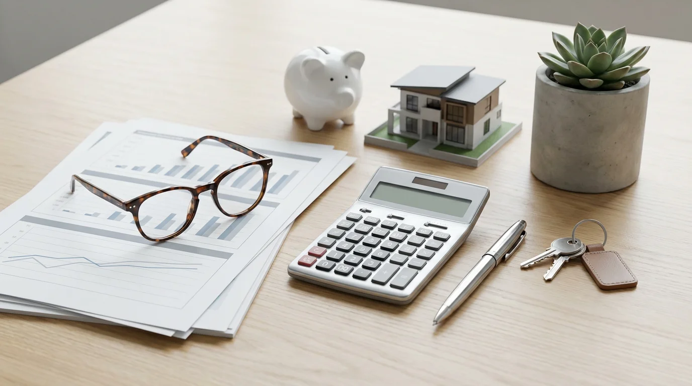 Flat lay of financial planning items for a 55+ community home investment.