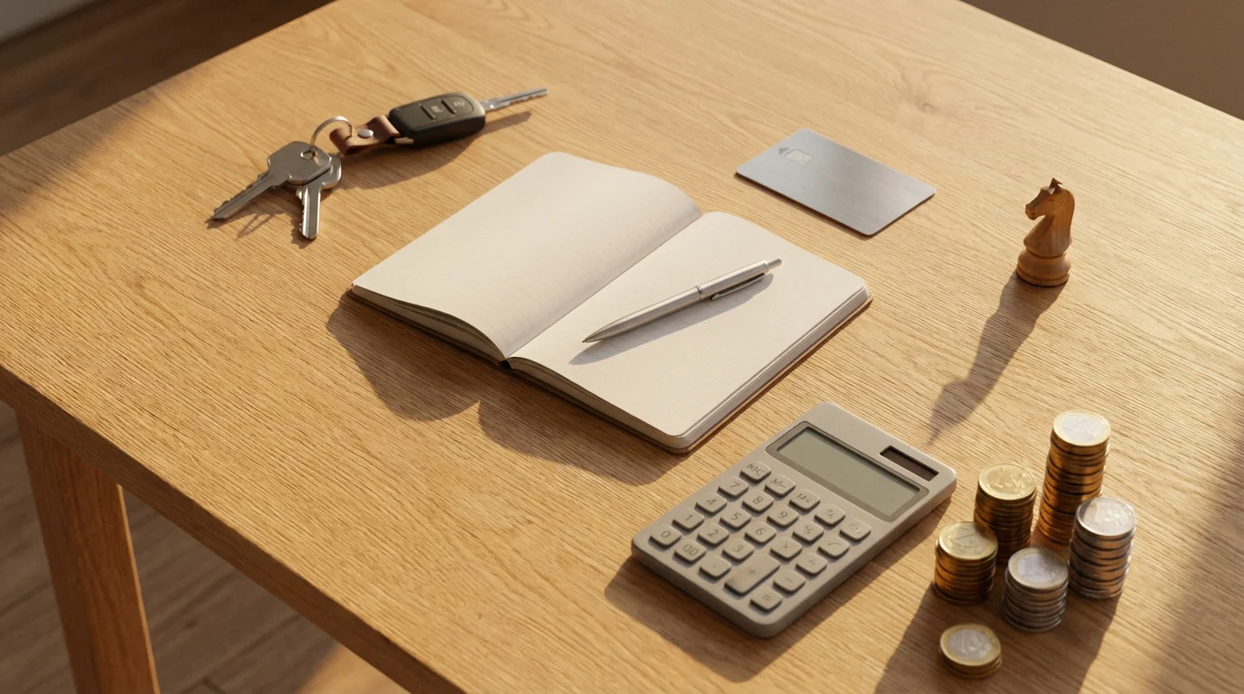 Flat lay of financial planning tools comparing housing options for retirement.