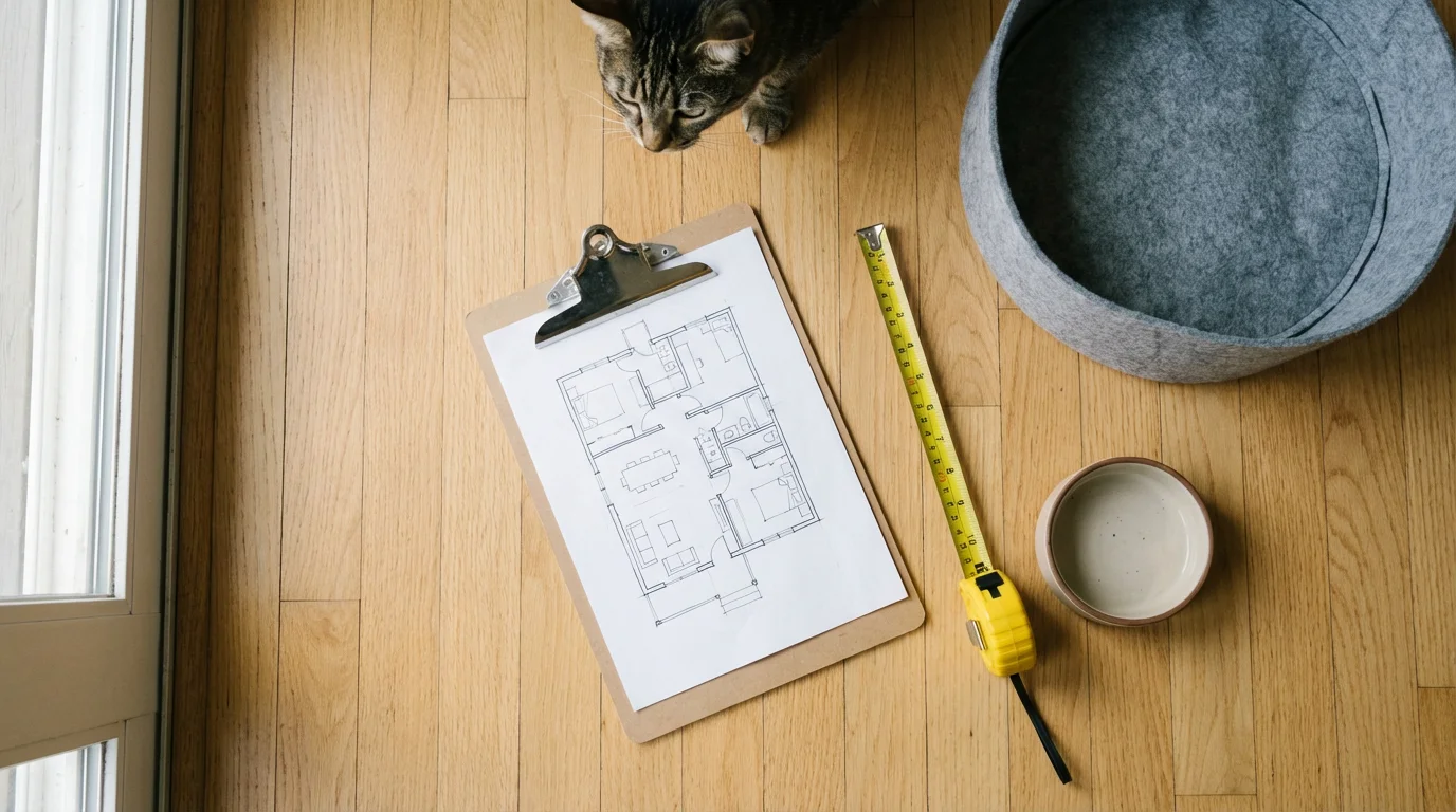Flat lay of floor plan, measuring tape, and cat supplies for downsizing.