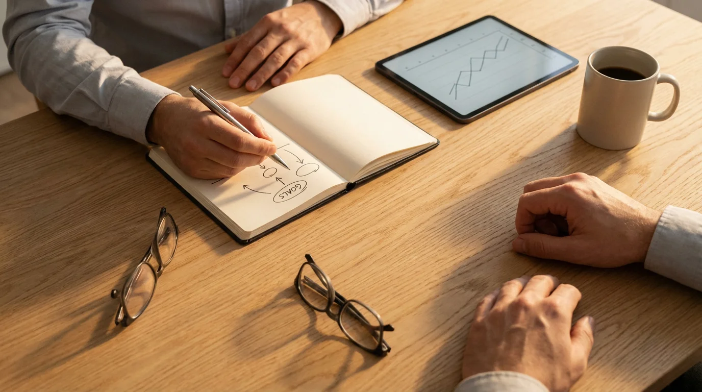 Flat lay of hands over a notebook and tablet during a financial planning meeting.