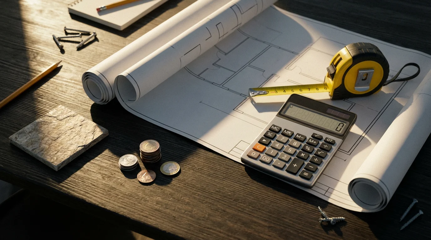 Flat lay of home remodeling plans, calculator, and materials for financial planning.
