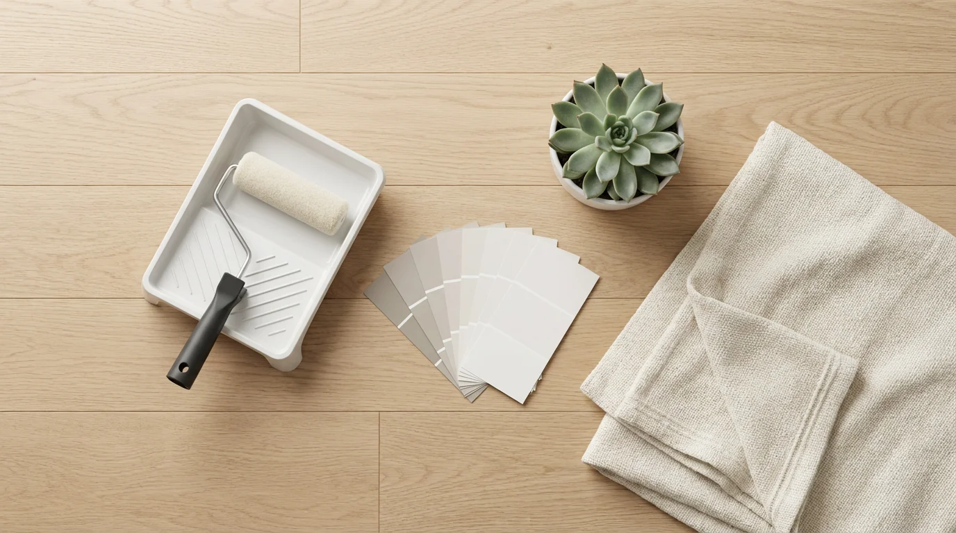 Flat lay of home staging items: paint roller, color swatches, plant, and blanket.