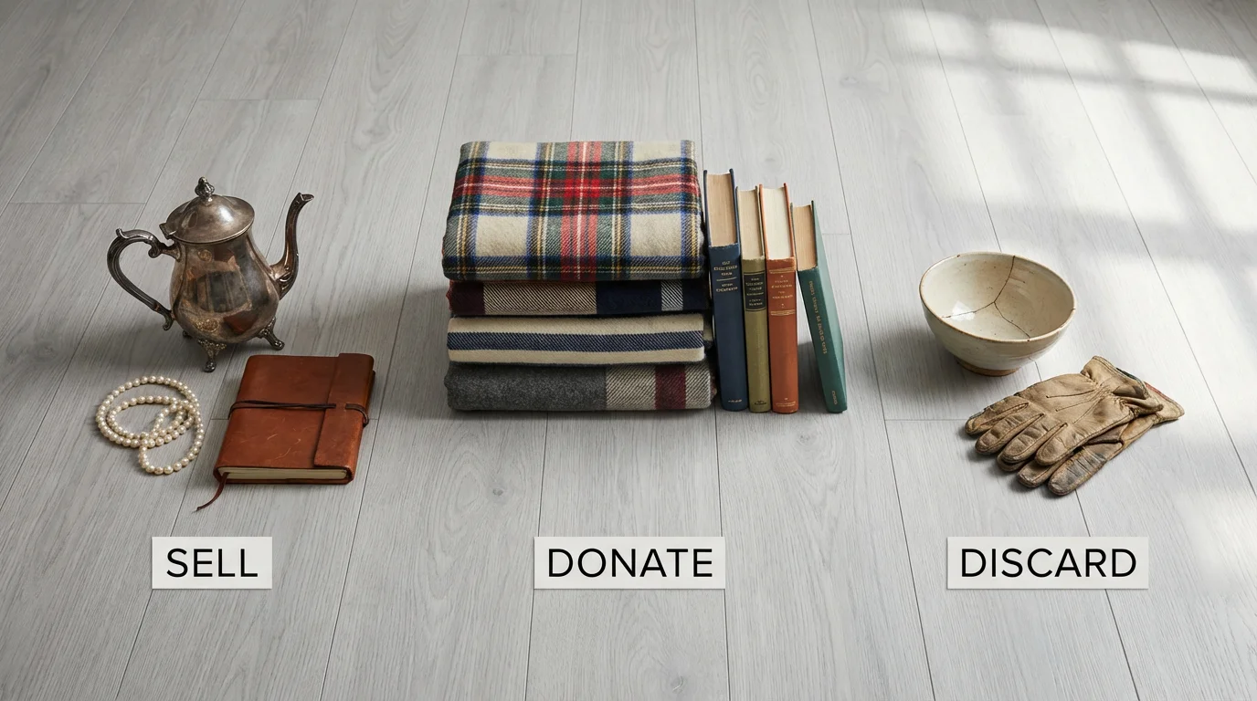 Flat lay of items neatly sorted into piles to be sold, donated, or discarded.